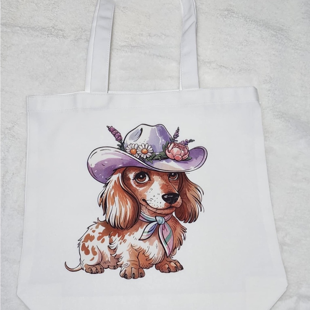 Cute Dachshund Tote Bag with Floral Hat Design